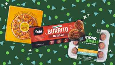 Meatless pizza, beefless burrito, and beyond meatballs in font of green background with shape pattern