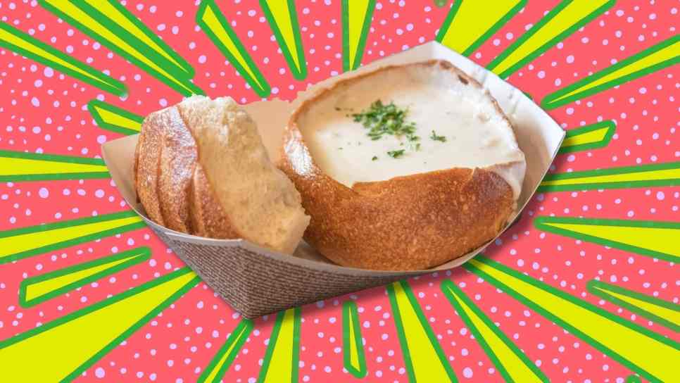 clam chowder in a bread bowl