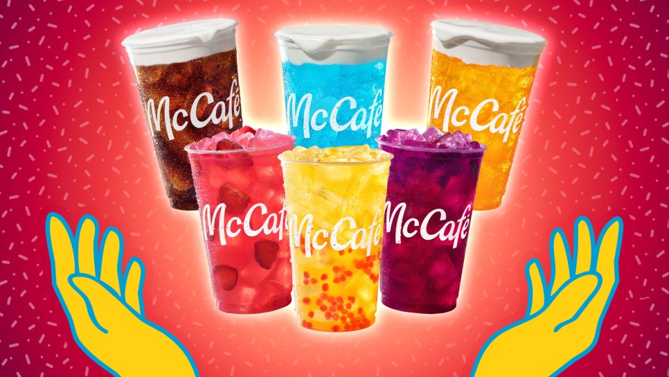 McDonald's McCafe Specialty Drinks: Dirty Dr Pepper, Sprite Berry Blast, Orange Dream, Strawberry Watermelon Refresher, Mango Pineapple Refresher, and Blackberry Passionfruit Refresher